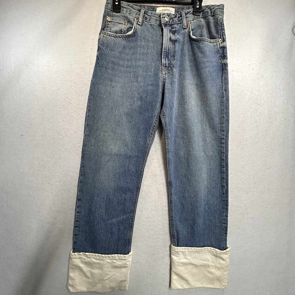 Zara Women's High Rise White Cuffed Denim Jeans Size 8